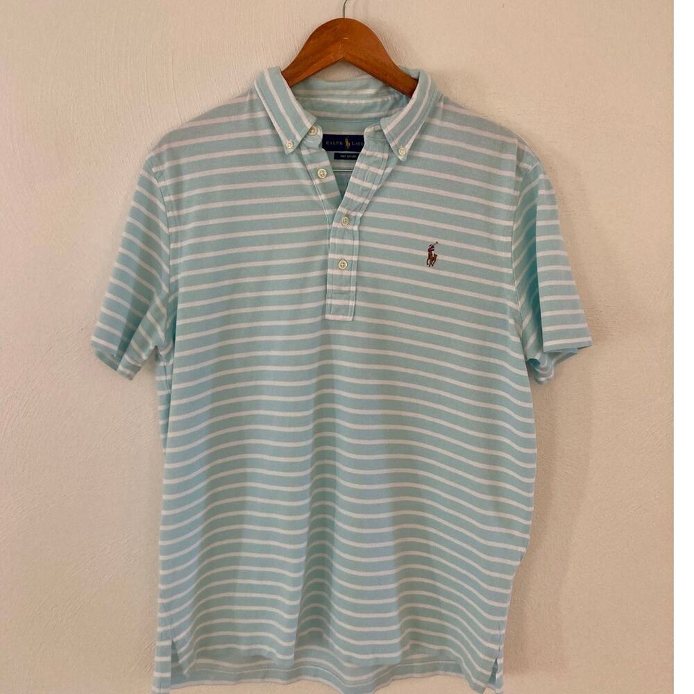 Ralph Lauren Knit Oxford Polo Button T-Shirt Green Blue Stripe Cotton Color Logo